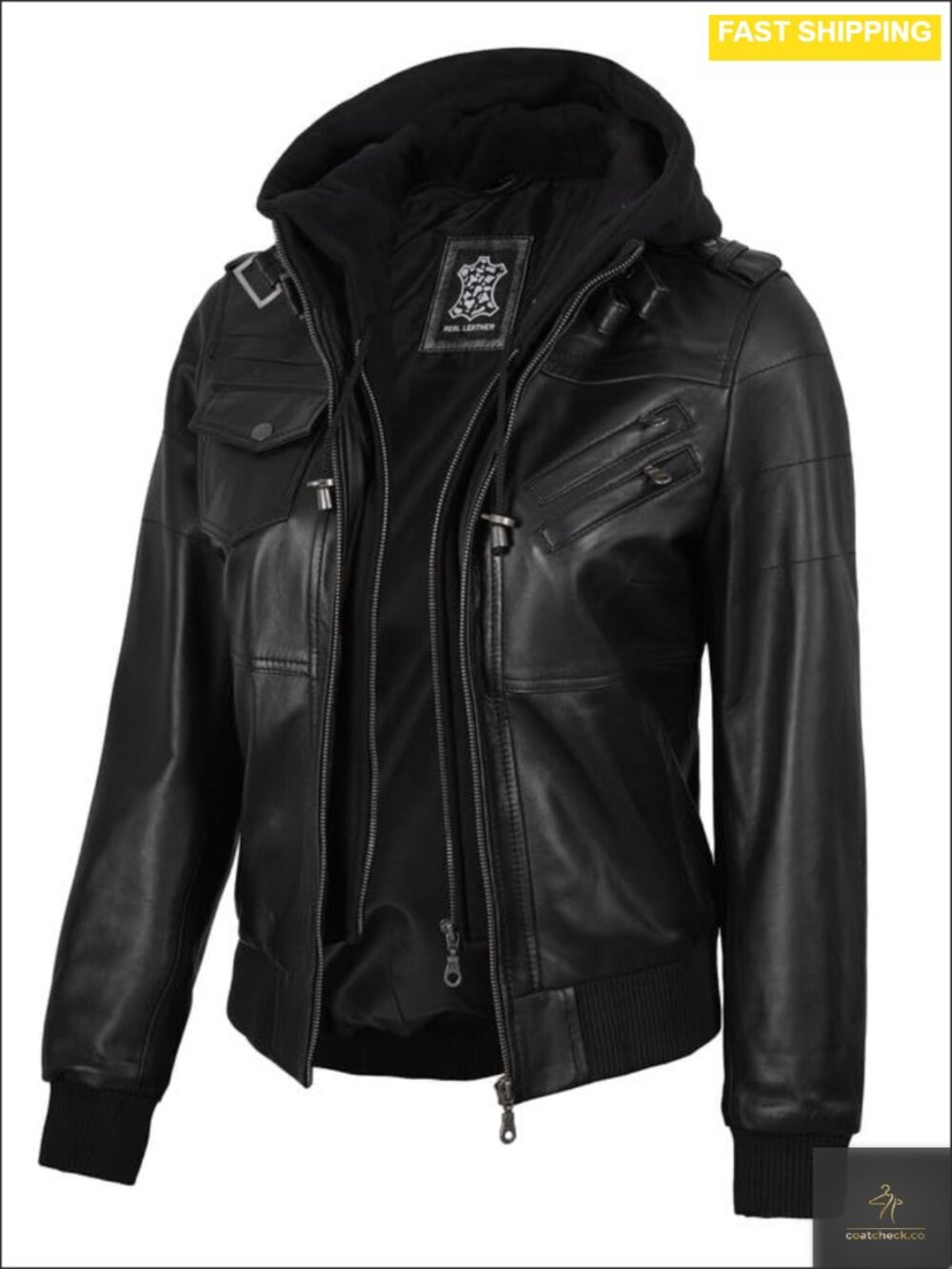 Real Lambskin Leather Bomber Jacket Women with Detachable Hood